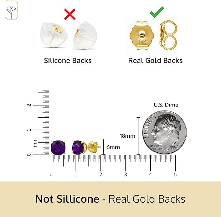 14k Gold 6MM Cushion Cut Stud Gemstone Earrings | Hypoallergenic Solitaire Gemstone Studs with 14K Gold Backs | Lightweight Birthstone Earrings with Gift Box by MAX + STONE