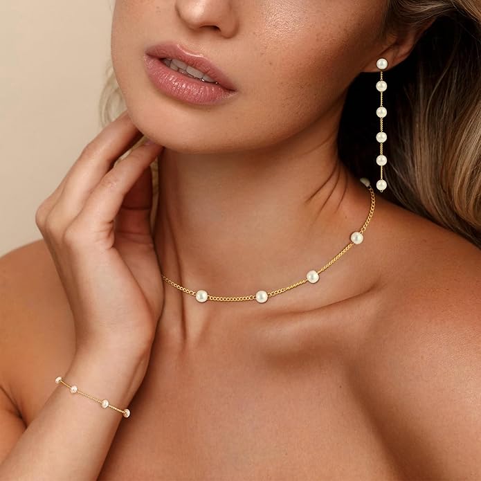Pearl Necklaces for Women Trendy, 18K Gold/Silver Plated Layered Pearl Necklace Dainty Pearls Choker Necklace and Earring Set Simple Pearls Bracelets Wedding Prom Gold Jewelry for Women Gifts