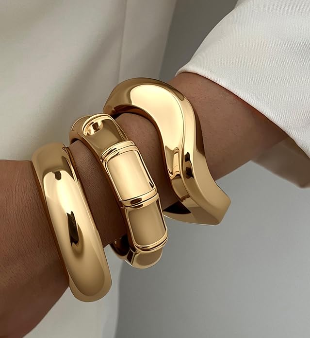 Chunky Gold Bangle Bracelets for Women, 14k Dainty Gold Cuff Stackable Bracelet Set, Trendy Bracelet Stack Fashion Jewelry Gifts