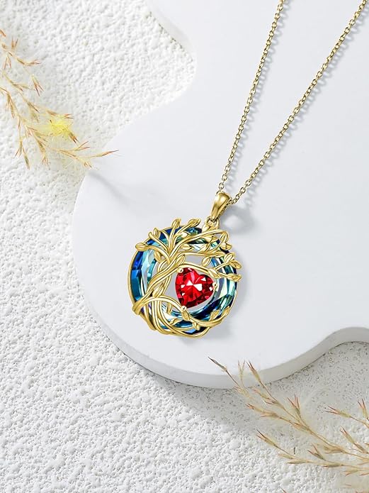 TOUPOP Christmas Gifts Tree of Life Birthstone Necklace 925 Sterling Silver Pendant Austrian Crystal Jewelry Anniversary Birthday Gifts for Women Mom Her Wife