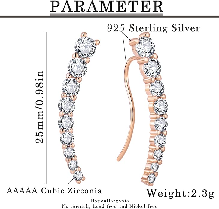 Climber Earrings for Women 925 Sterling Silver Ear Crawler Earrings White/Yellow/Rose Gold Plated Cubic Zirconia Earrings Jewelry