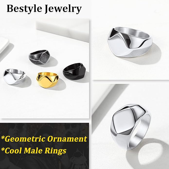 Bestyle Stainless Steel Signet Ring for Men Women in Gold/Black/Silver/Vintage Gray Tone, Chunky Thick Heavy Dome Band Ring Cool Finger Ring, Gift for Dad Husband, Size 7-14 Customizable