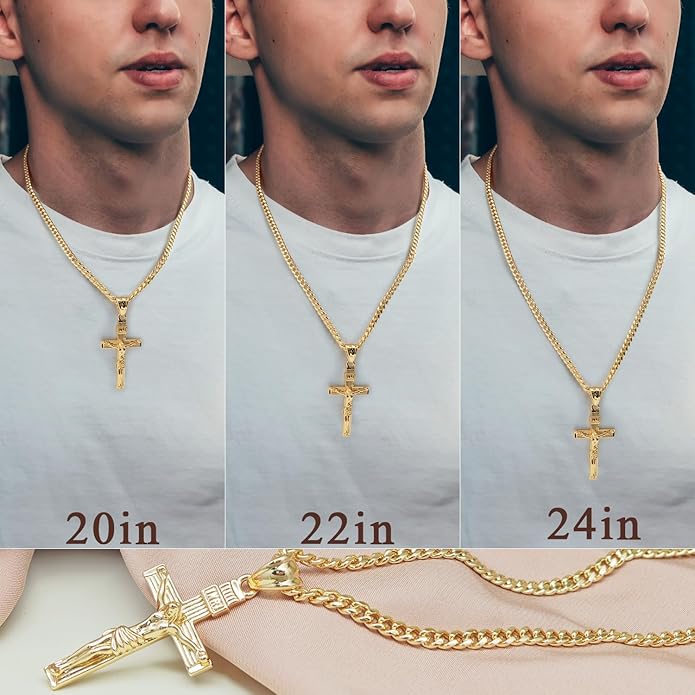 Gold Cross Necklace for Men 14K Gold Cross Necklace for Men Crosses Chain Necklaces for Mens Paired with 4.3mm Cuban Chain Crucifix Pendant Mens Crosses Necklaces 20/22/24in