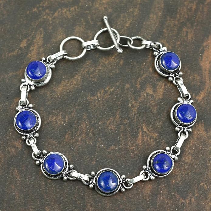 Round Shape Natural & Synthetic Gemstones Silver Plated Bracelets for Women - Vintage Bohemian Style Handmade Birthstone Adjustable Link Bracelet Jewelry Gifts for Wedding Anniversary Mother's Day