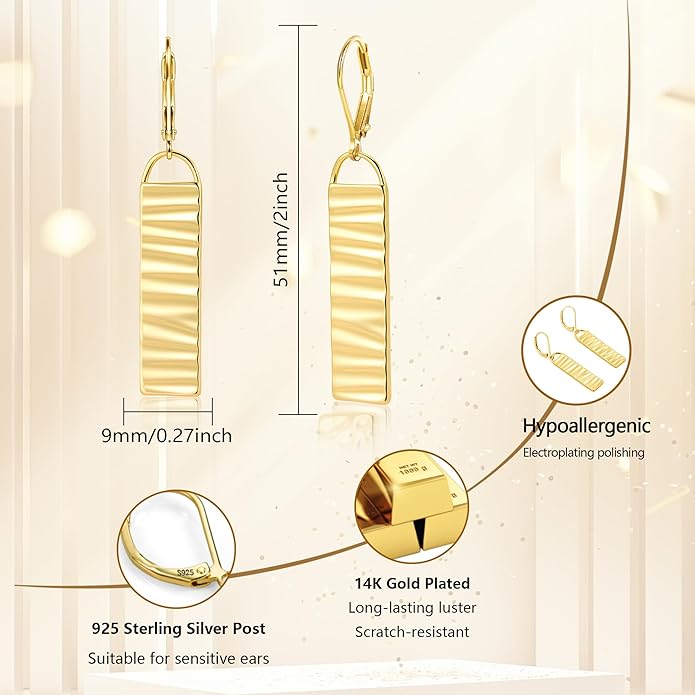 ALEXCRAFT 925 Sterling Silver Dangle Drop Earrings for Women, Hypoallergenic Lightweight Trendy Sterling Silver French Hook Leverback Earrings Long Hammer Bar Drop Earing for Women Statement Jewelry