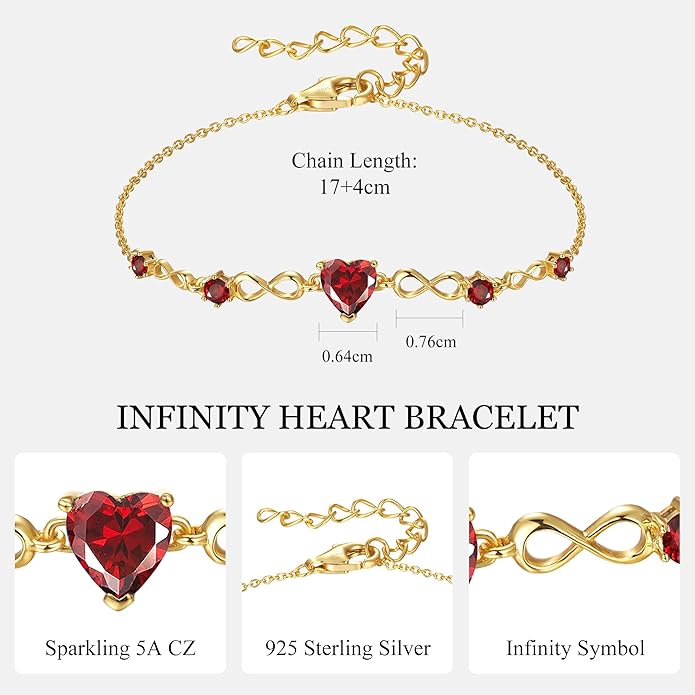 G&GEMSJEW Infinity Heart Birthstone Bracelets for Women, 925 Sterling Silver Women Charm Link Bracelet Adjustable, Birthday Anniversary Christmas Jewelry Gifts for Women Wife Mom Girlfriend Her