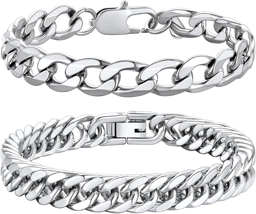 Richsteel 2PCS/3PCS Bracelets Chain for Men Women Stainless Steel Silver/Gold/Black Cuban/Rope Link Chain Bracelets Set, 7.4/8.2/9 Inch Hand Chain Length for Men Women Jewelry