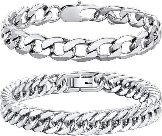 Richsteel 2PCS/3PCS Bracelets Chain for Men Women Stainless Steel Silver/Gold/Black Cuban/Rope Link Chain Bracelets Set, 7.4/8.2/9 Inch Hand Chain Length for Men Women Jewelry
