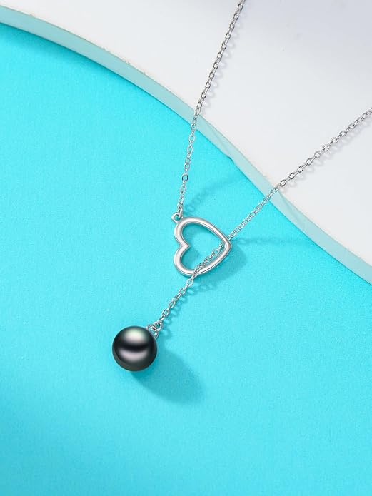 KANNSOAR Tahitian Black Pearl AAAA 18K White Gold Plated Sterling Silver Heart Pendant Y Necklace for Wedding Anniversary Birthday Graduation Jewelry Gift for Women Wife Mom Girlfriend
