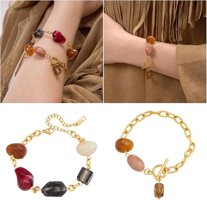 Stylish Pattern Bracelet Mixing Resin Colors With Stainless Steel Everyday Jewelry Colorful Resin Stainless Steel Bracelet