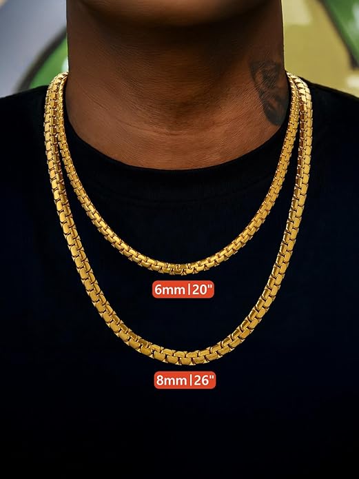 FaithHeart Mens Black/Silver/Gold Stainless Steel Flat Box Link Chain Necklace, Stylish 2/4/6/8mm Width Box Chains Necklaces for Men Non Tarnish Hip Hop Chain Jewelry Gifts,14"-30" Length