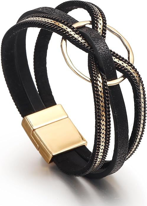 Edoneery Leather Wrap Bracelet for Women, Boho Handmade Multi-Layer Cuff with Crystal Beads Heart, Stackable Bangle Western Jewelry Gift