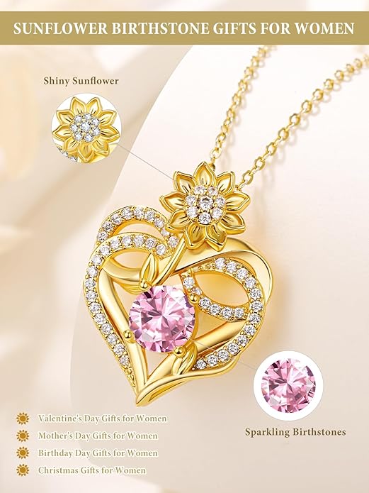 14K Gold Sunflower Birthstone Necklace for Women Infinity Love Heart Necklace Christmas Valentines Mothers Day Anniversary Birthday Gifts for Her Mom Wife Girlfriend Daughter