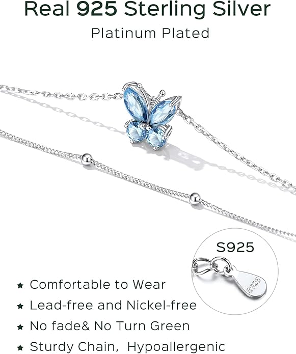 ChicSilver 925 Sterling Silver Anklets for Women Waterproof, Sparkling Birthstone Ankle Bracelets for Women, Adjustable Layered Butterfly Anklet Summer Beach Jewelry