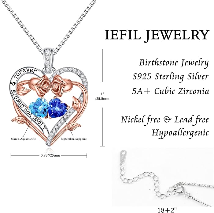 Iefil Rose Heart Double Birthstone Necklace Gifts for Wife Her Mom Women, Birthstone Jewelry Gemstone Birthday Gifts for Girlfriend Grandma Her Wife Women