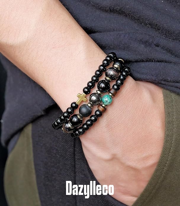 3pc Mens Beaded Bracelets Silver Stainless Steel Chain Bracelet for Men Handmade Braided Bracelet Sets Jewelry Gifts for Men
