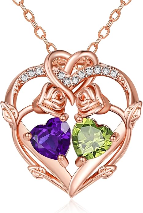 Rose Gold Necklaces for Women Double Birthstone Rose Flower Heart Pendant Necklace Jewelry Anniversary Christmas Valentine's Mother's Day Birthday Gift for Wife Mom Her Girlfriend Sister