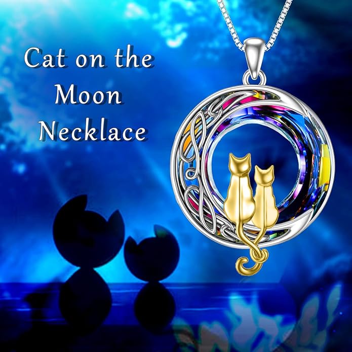 TOUPOP Christmas Cat Gifts for Cats Lovers One Two Three Four Cats Necklace Sterling Silver Cats on the Moon Pendant Necklace with Blue Circle Crystal Birthday Christmas Celtic Jewelry Gifts for Women