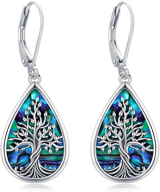 Sterling Silver Tree of Life/Flower/Bee/Animals/Cat/Hummingbird Dangle Earrings Moonstone Turquoise Drop Leverback Earrings Jewelry Gifts