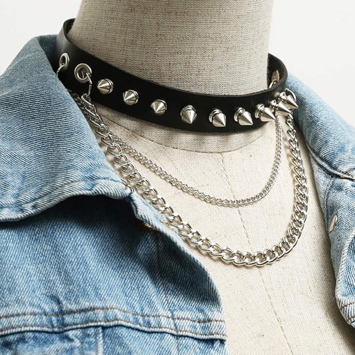 HZMAN Fashion Women Men Cool Punk Goth Metal Spike Studded Link Leather Collar Choker Necklace
