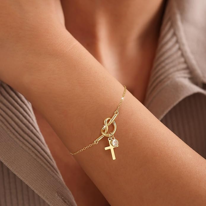 Moodear Christmas Gifts Sotcking Stuffers, Dainty 925 Sterling Silver/14k Gold Plated CZ Cross Bracelet Layered Snake Pearl Chain Knot Bracelets for Women Trendy Religious Christian Jewelry
