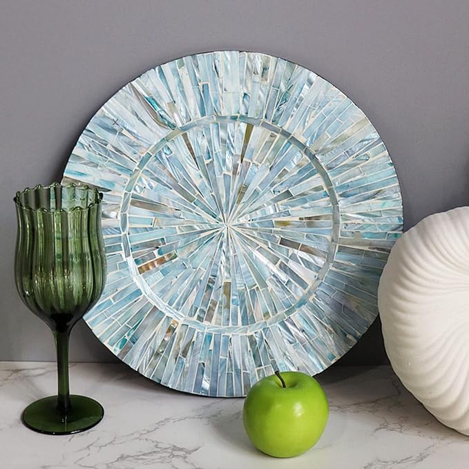 i-lan 13inch 2 Pack Mother of Pearl Decorative Plates for Display, Sea Shell Inlay Wood Charger Plates for Dining, Party, Modern and Coastal Decoration Placemats for Dinner Plates,Blue Ray