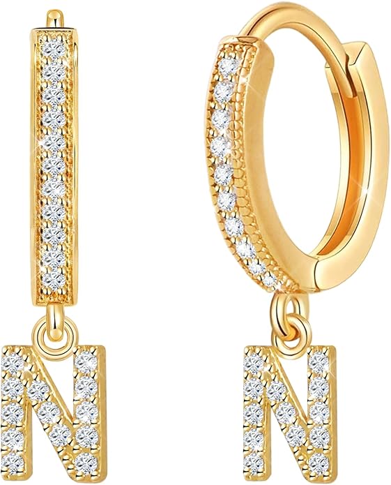 18K Gold Filled Initial Dangle Hoop Earrings for Women, 1 Pair CZ Hypoallergenic Alphabet Letter A-Z Drop Dangle Dainty Gold Earrings, Small Huggie Hoop Earrings with Cubic Zirconia Gifts Jewelry