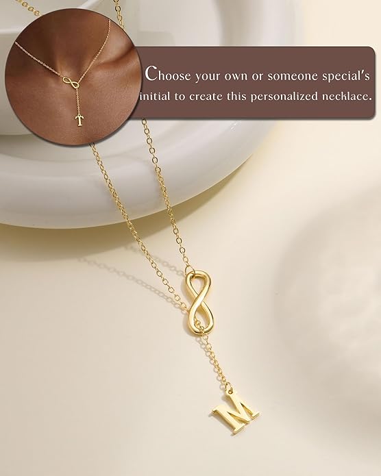 FUNEIA Gold Initial Necklaces for Women Trendy Dainty Long 14K Gold Plated Infinity Lariat Letter Necklace Non Tarnish Friendship Personalized Name Drop Pendant Y Necklace Stack Jewelry Gift