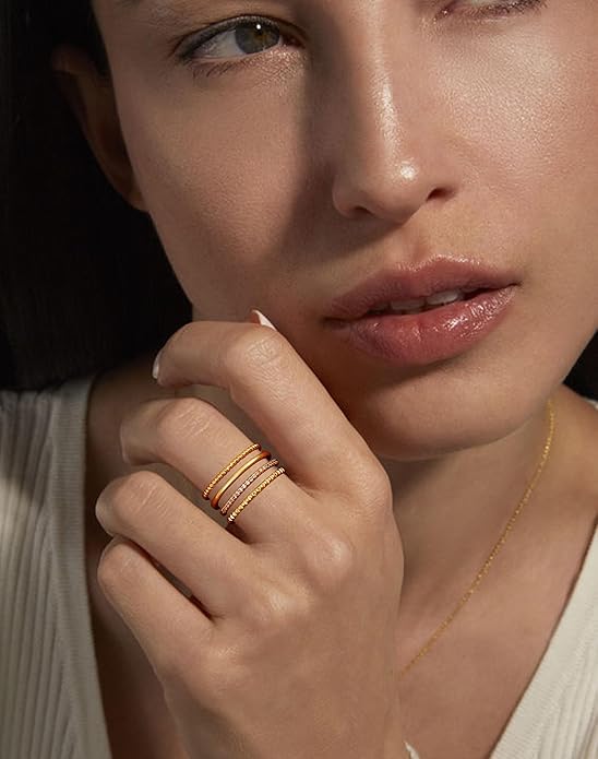 Gold Silver Stackable Rings for Women Non Tarnish 1.3mm Thin Silver Rings Set 14K Gold Plated Dainty Trendy Cubic Zirconia Band Stacking Thumb Ring Jewelry Gifts Size 5-10