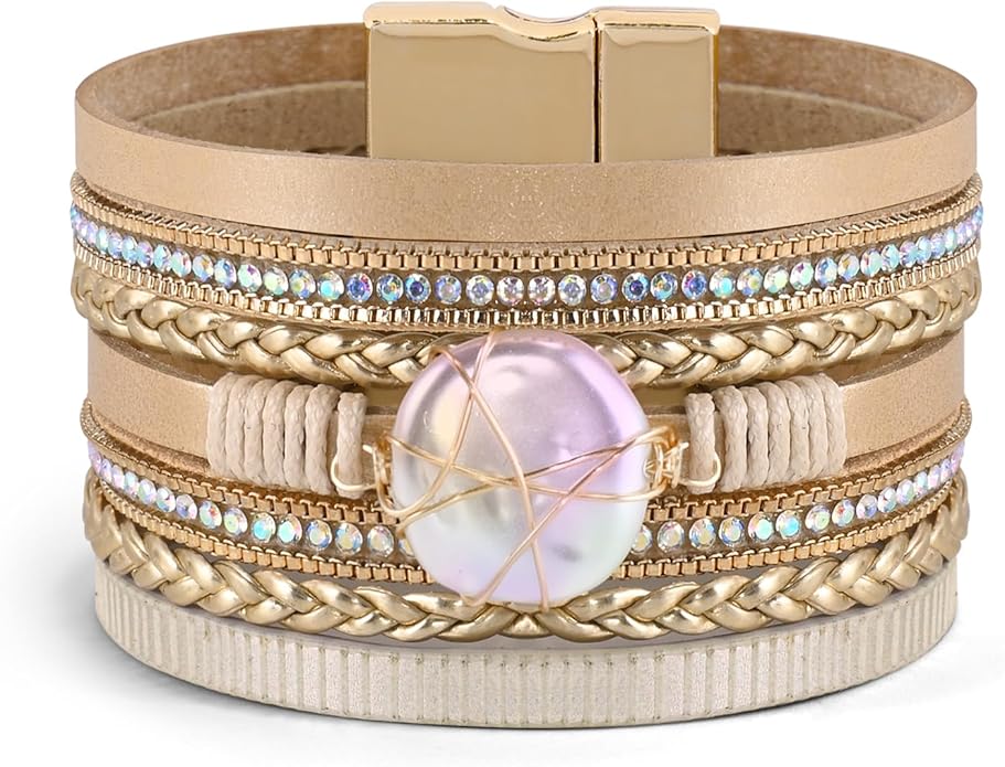ENGCKSHI Wrapped Bracelets for Women,Leather Bracelet,Boho Bracelets for Women,Multi-Layer Pearl Crystal Bracelet Bangle Jewelry