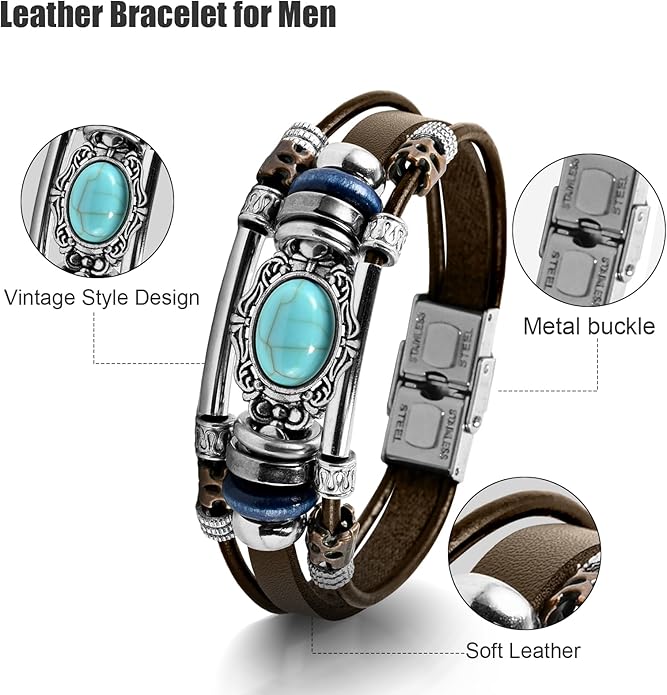 VIBILIA Vintage Leather Wrap Bracelets for Men Women, Multi-Strand Bracelets with Strong Clasp Ethnic Tribal Bracelets
