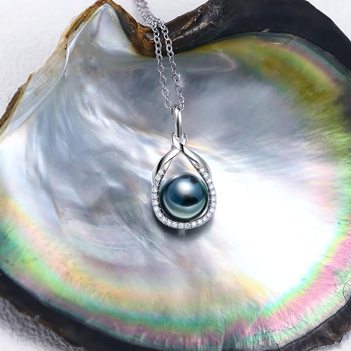 Genuine Tahitian Black Pearl Necklace for Women, 9-11mm AAAA Seawater Pearl with Sterling Silver Moissanite Pendant, Jewelry Gift for Wife, Mom, Girlfriend, Wedding Anniversary, Birthday, Christmas