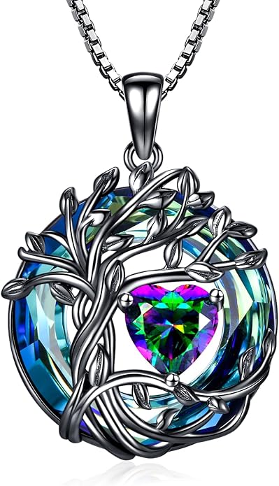 TOUPOP Christmas Gifts Tree of Life Birthstone Necklace 925 Sterling Silver Pendant Austrian Crystal Jewelry Anniversary Birthday Gifts for Women Mom Her Wife