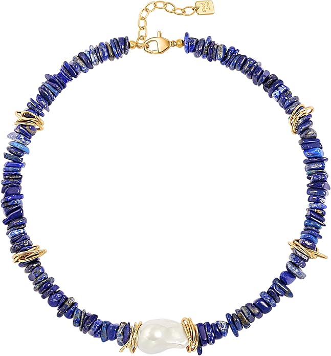 Chunky Statement Stone Beaded Necklace, Big Baroque Pearl Gold Choker, Trendy Boho Colorful Stone Jewelry