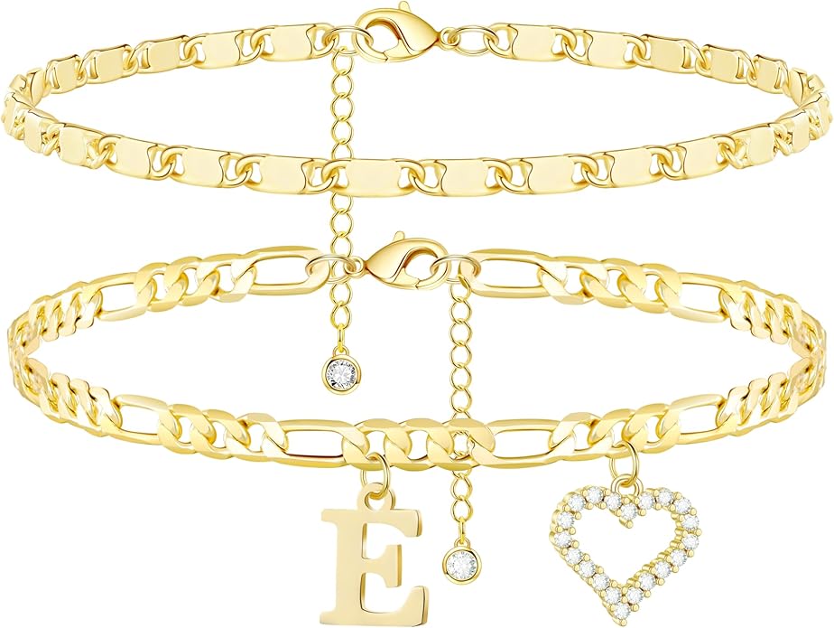 Initial Ankle Bracelets for Women Waterproof 14K Gold Plated Dainty Layered Figaro Chain Letter Initial CZ Heart Ankle Bracelets Set Summer Beach Jewelry for Women