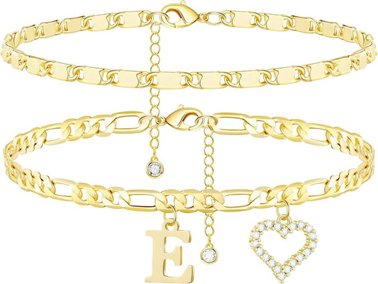 Initial Ankle Bracelets for Women Waterproof 14K Gold Plated Dainty Layered Figaro Chain Letter Initial CZ Heart Ankle Bracelets Set Summer Beach Jewelry for Women