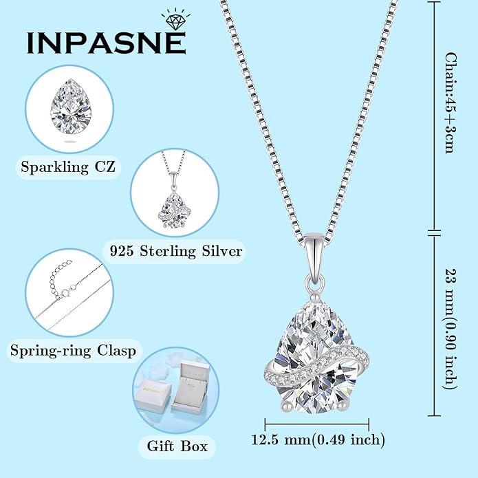 Teardrop Jewelry Set for Women 925 Sterling Silver Cubic Zirconia Necklace Dangle Drop Leverback Earrings April Birthstone Jewelry Gifts for Her