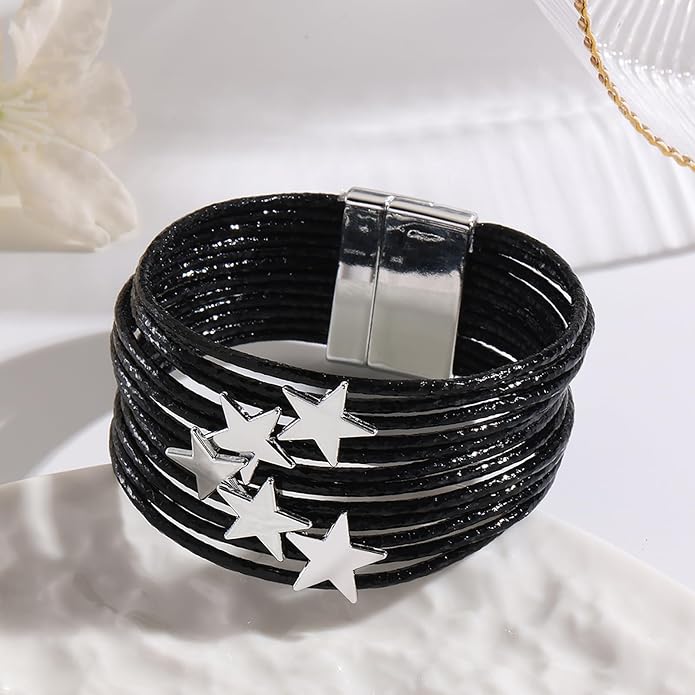 Fesciory Leather Wrap Bracelets for Women, Boho Leopard Multi-Layer Crystal Beads Cuff Bracelet Jewelry