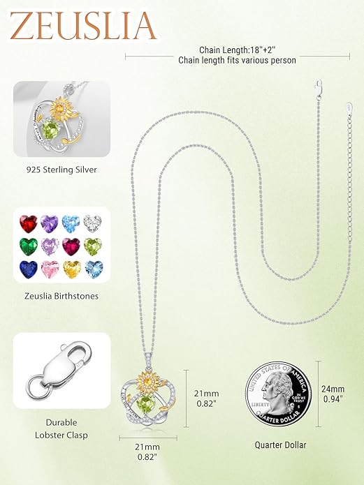Zeuslia Double Birthstone Necklace Gifts for Wife - 925 Sterling Silver Sunflower/Rose/Crown Cross/Compass/Heart Pendant I Love You Necklace, Anniversary Birthday Gifts for Wife Girlfriend Mom Her