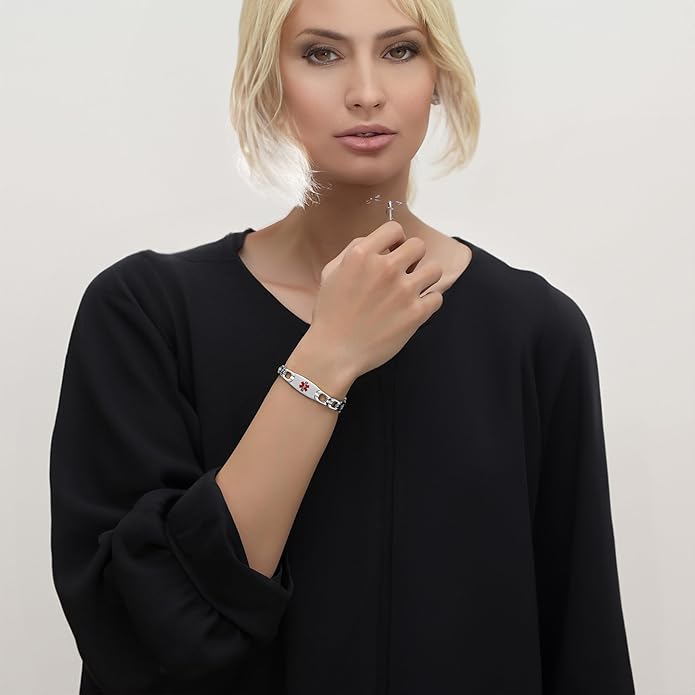 LinnaLove Fashion Shiny medical alert bracelet with Free Engraving Stainless steel Medical id bracelet for Women