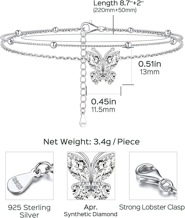 ChicSilver 925 Sterling Silver Anklets for Women Waterproof, Sparkling Birthstone Ankle Bracelets for Women, Adjustable Layered Butterfly Anklet Summer Beach Jewelry