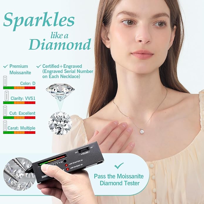 Moissanite Solitaire Necklace for Women, 1-3 Carat Lab Grown Diamond Pendant Jewelry D Color VVS1, S925 Sterling Silver with Gold Plating, 18+2” Silver Chain, Heart Engraving Gift for Wife Girlfriend Mom Yourself on Anniversary Birthday Wedding