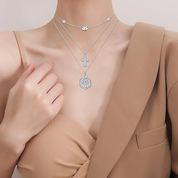 Layered Necklaces for Women 925 Sterling Silver Cross Triple Long Chain Pendant Necklace Lotus Tree of Life Pendant Necklace for Women Jewelry