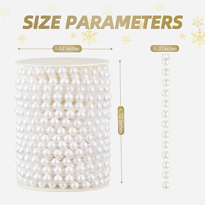 ZPEXRV 48 Feet Faux Pearl Beads Garland 8mm Craft String Pearls for Wedding Centerpiece Christmas Tree and Flowers Decoration DIY (White)