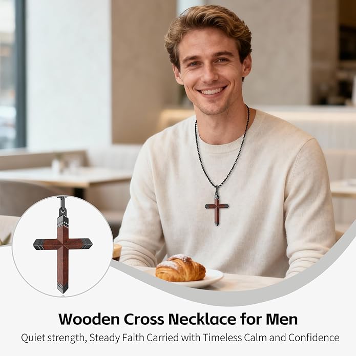 OOTDSE Wooden Cross Necklace for Men and Women 304L Stainless Steel Durable Snag-Free Box Chain with Reinforced Clasp Christian Gift for Dad/Son/Husband/Loves/Friends on Easter/Birthday/Father's Day
