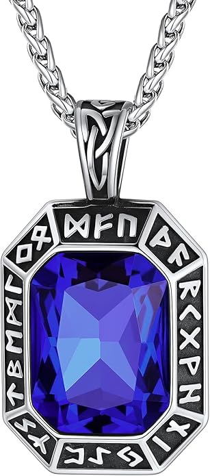 ChainsHouse Viking Rune Pendant Necklace for Men Women, Punk Biker Black Metal/316L Stainless Steel Onyx Norse Vintage Amulet Necklaces with Black/Red/Green/Blue Gemstone, Send Gift Box
