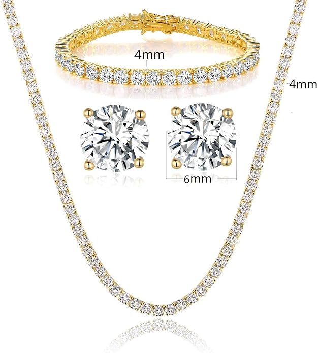 Gemsme 18K Yellow Gold/White Gold Plated Wedding Jewelry Set Tennis Necklace/Bracelet/Earrings Sets Pack of 3