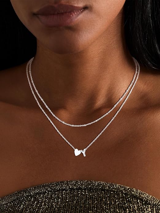 FOCALOOK Layered Initial Necklace for Women, 14K Gold Plated Choker Necklaces Stacks with Initial A-Z, Dainty Silver Heart Pendant Necklace Personalized Birthday Women Jewelry