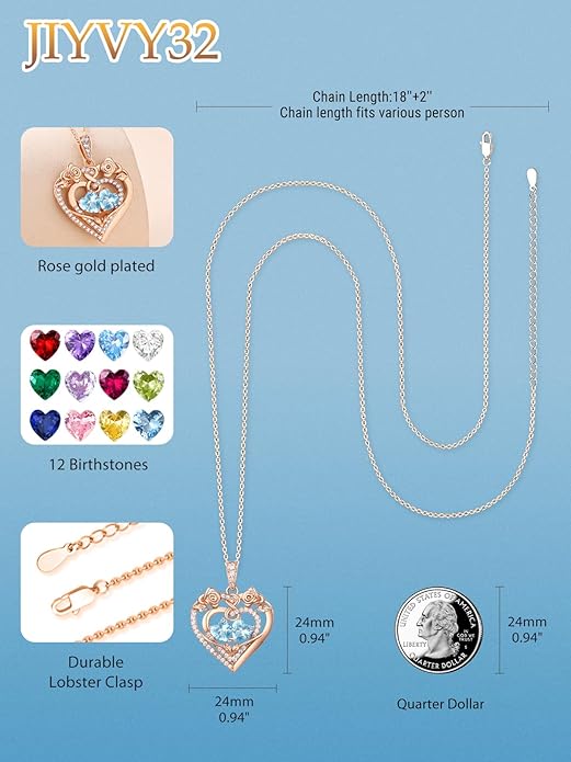 JIYVY32 Rose Heart Necklace for Women Exquisite 925 Sterling Silver Anniversary Birthday Gifts for Wife Mom Her Double Birthstone Pendant Jewelry