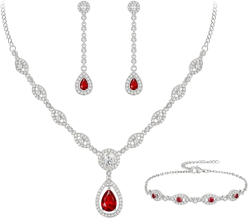 EVER FAITH Bridal Jewelry Set for Women, Stunning Teardrop Cubic Zirconia Birthstone Necklace Bracelet Earrings Sets Gift for Mothers Day/Valentines/Birthday/Christmas